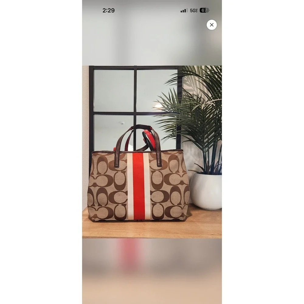 Coach Signature Jacquard Stripe Tote Bag Khaki Brown Red Canvas Shoulder Bag